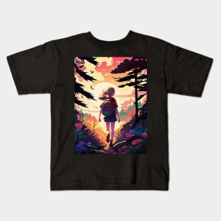 Girl trekking in the woods with a beautiful sunset effect Kids T-Shirt